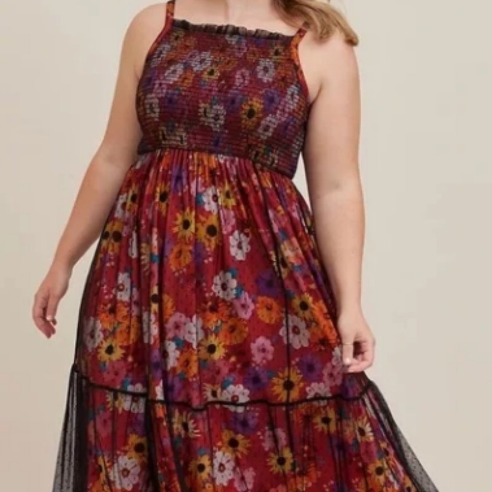 Red Floral Swiss Dot Mesh Tier Mid Black Dress TORRID NWT MINT Size 3